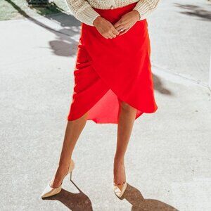 Red Satin High Low Midi Skirt